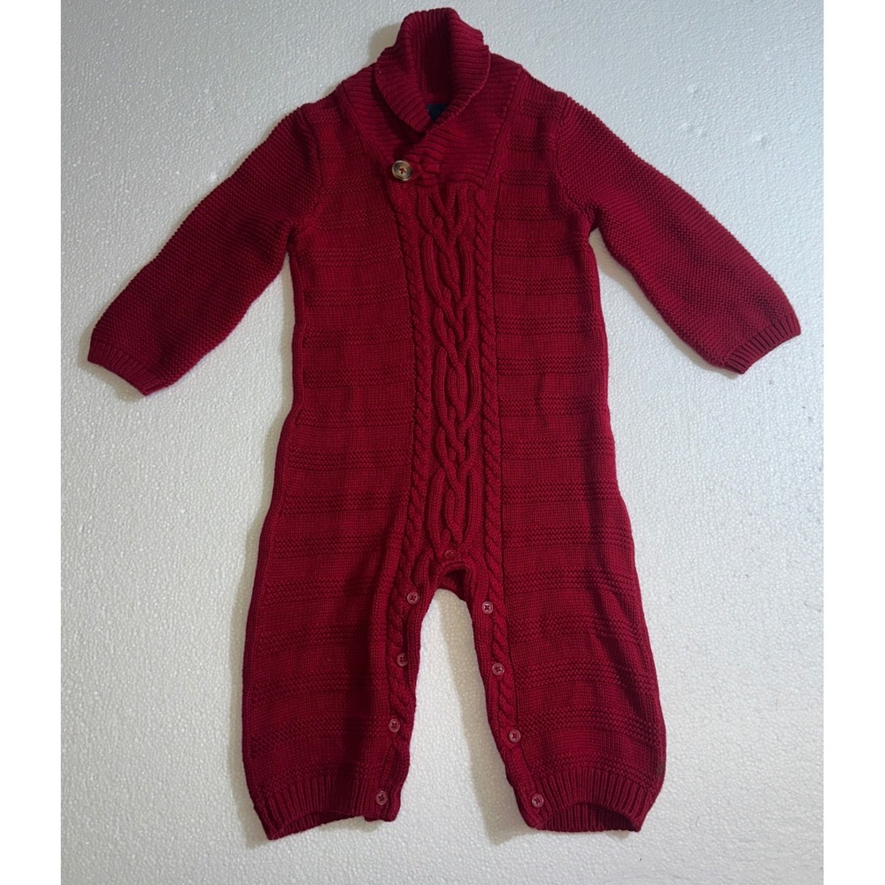 Baby Gap Red Cable Knit Sweater Romper Shawl Collar 6-12 Months Holiday Jumpsuit